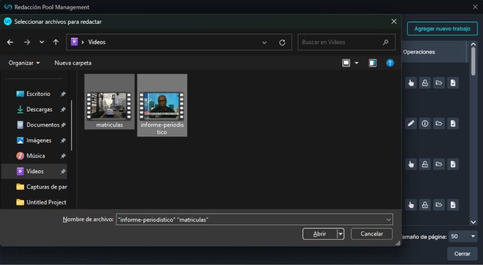 Redaction Pool file selection window in Spanish