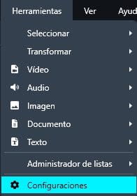 Settings dropdown menu in Spanish