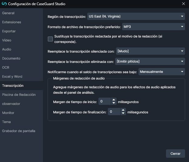 Transcription window in Settings in Spanish