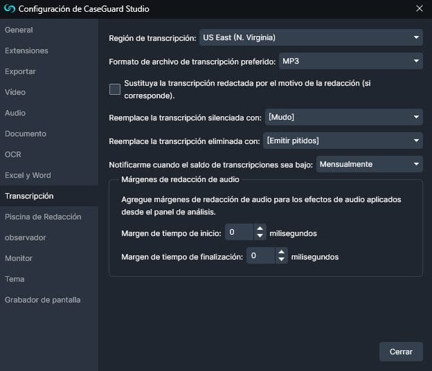 Transcription window in Settings in Spanish