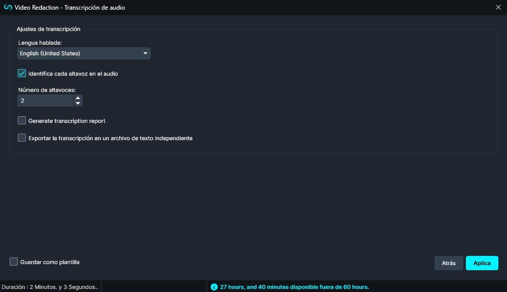 window-transcripcion | CaseGuard Automatic Transcription Window in Spanish