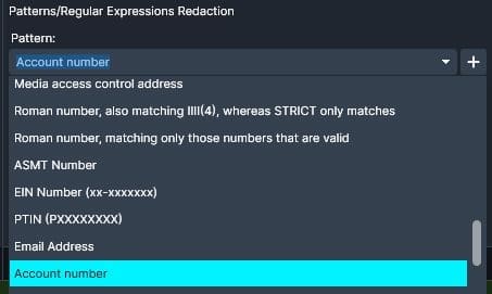 Regex dropdown that depicts the pattern "Account Number"