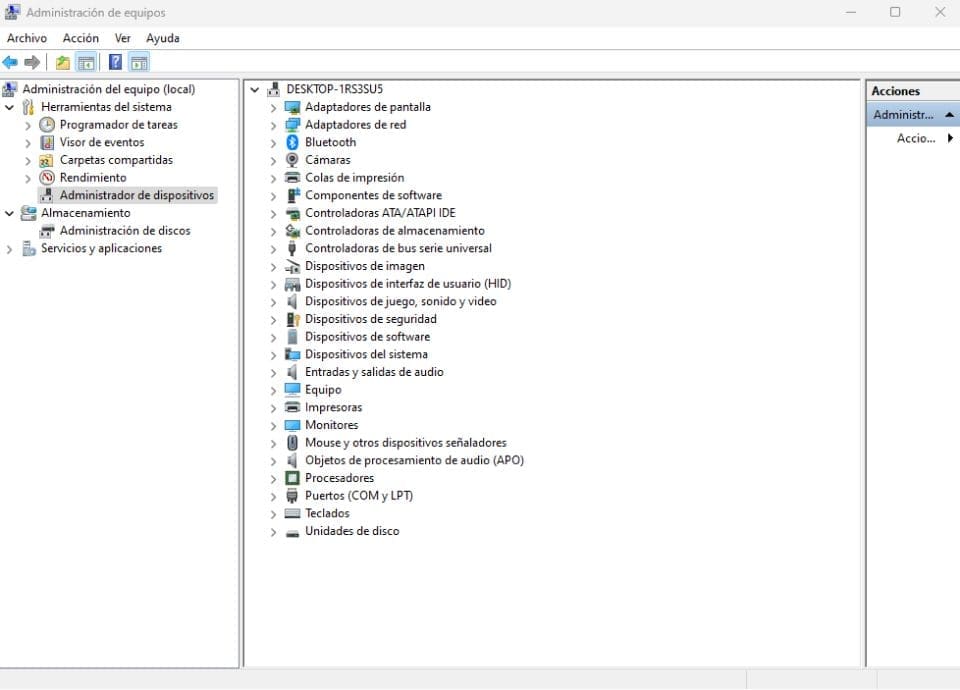 Windows Computer Management Screen in Spanish