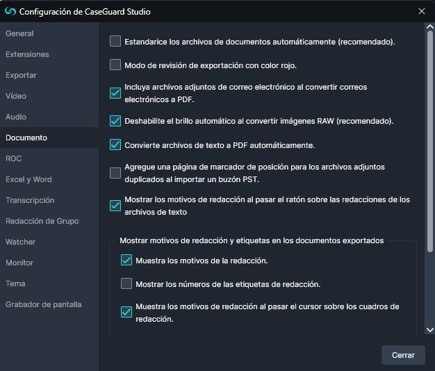 Document Settings Window in Spanish