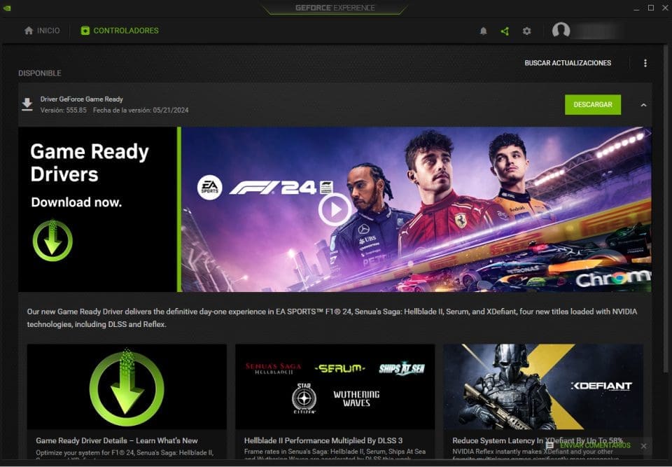 Geforce Drivers window in Spanish
