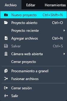 New project option in the File drop-down menu in Spanish