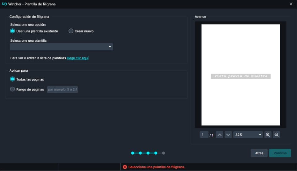 Watermark Template Window in Spanish