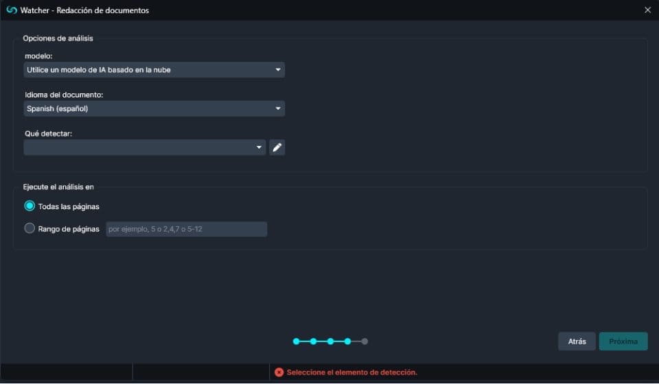 AI Analysis Watcher redaction settings in Spanish