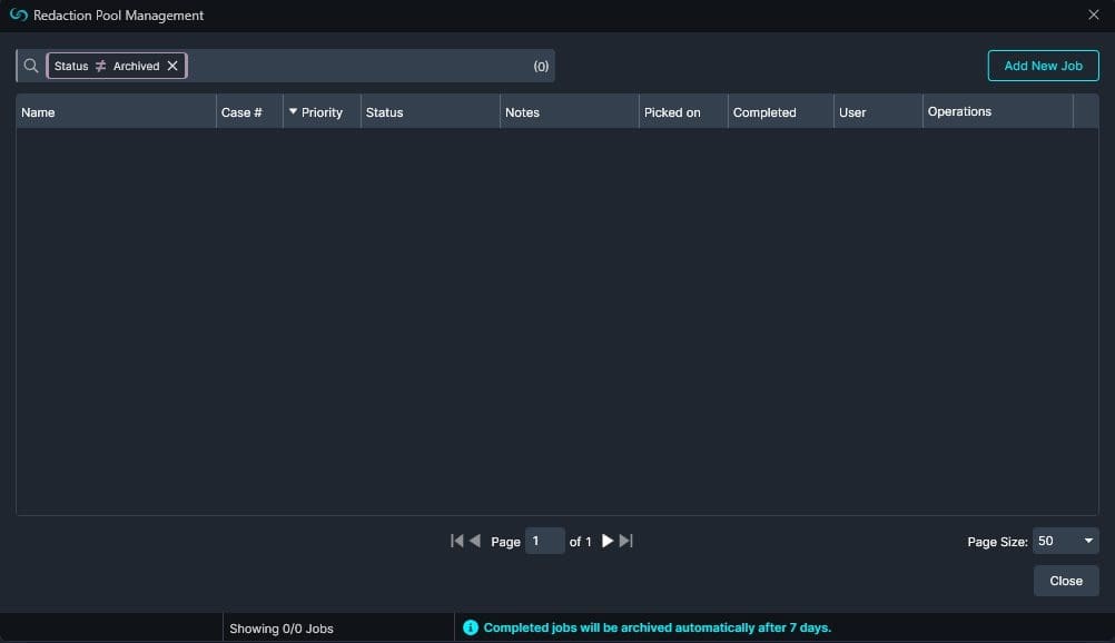 Redaction Pool Management Window