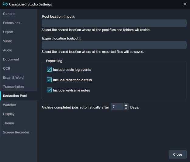 Redaction Pool Settings in CaseGuard Studio
