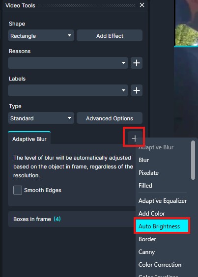 Video tools panel showing Adaptive Blur tab, an add button, and a dropdown list with Auto Brightness highlighted in blue.