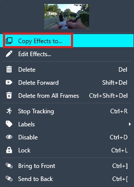 Context menu from an image editor with options like Copy Effects to...; the 'Copy Effects to...' item is highlighted.