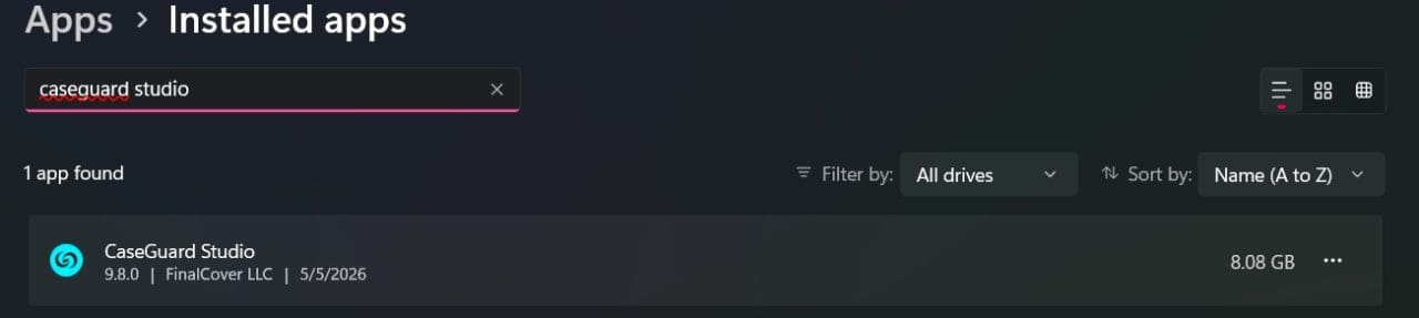 Screenshot of the Installed apps list showing CaseGuard Studio as the single entry, with version 9.8.0, FinalCover LLC, date 5/5/2026, and size 8.08 GB.