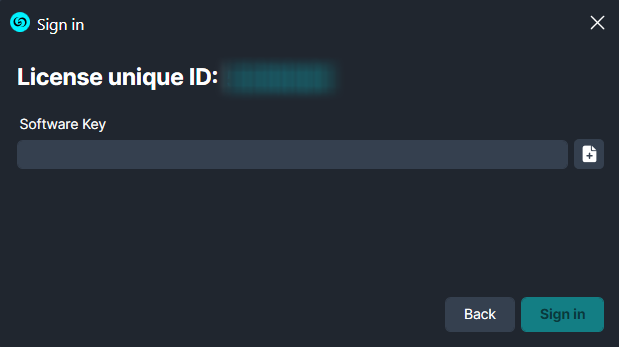 Sign-in dialog titled 'License unique ID:' with a long 'Software Key' input field, and Back and Sign in buttons at the bottom.