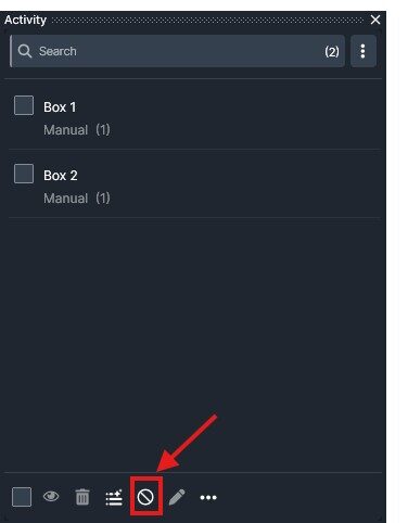 Screenshot of a dark panel with two items (Box 1, Box 2) and a bottom toolbar; the highlighted button shows a circle with a diagonal slash (prohibit/disable) icon.