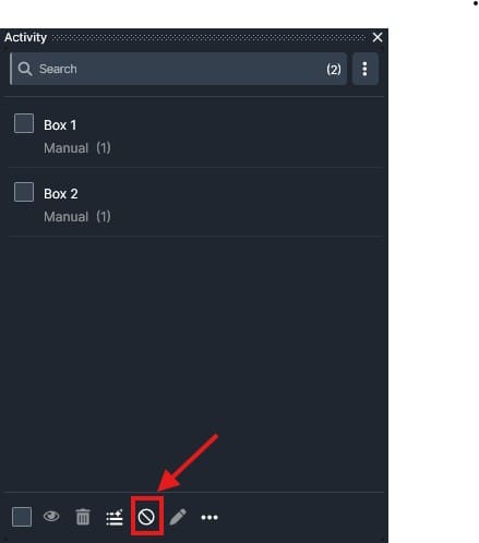 Screenshot of a dark panel with two items (Box 1, Box 2) and a bottom toolbar; the highlighted button shows a circle with a diagonal slash (prohibit/disable) icon.