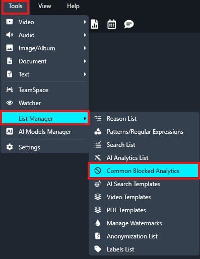 Screenshot of a software menu: Tools highlighted, opening List Manager and selecting Common Blocked Analytics.