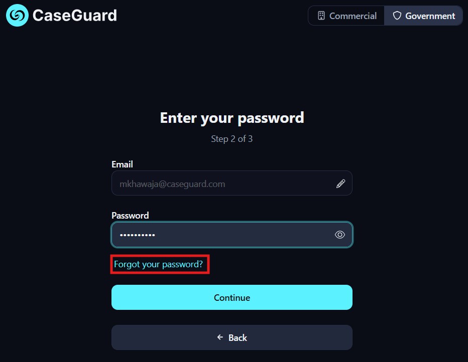CaseGuard login screen showing email and password fields, a 'Forgot your password?' link, and a blue Continue button.