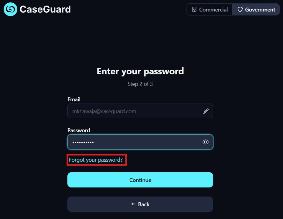 CaseGuard login screen showing email and password fields, a 'Forgot your password?' link, and a blue Continue button.
