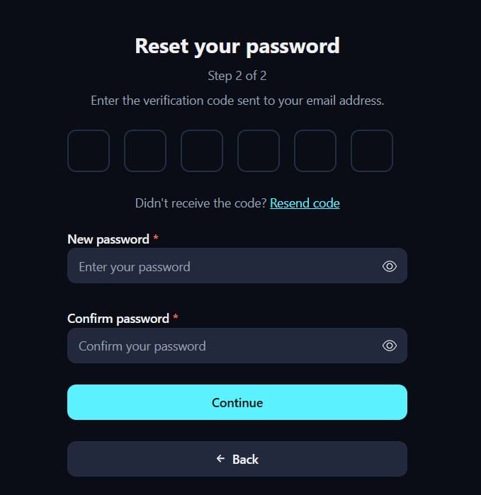Reset password: enter six‑digit verification code, then set a new password and confirm it; Continue or Back.