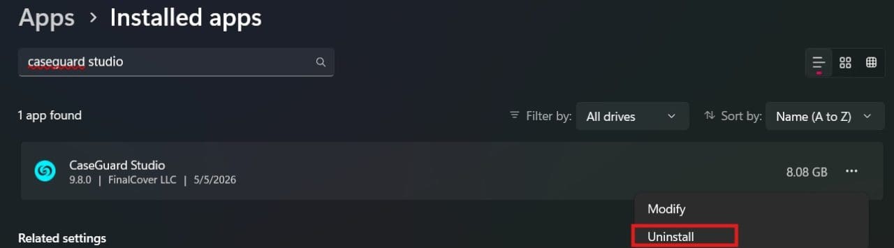Screenshot of the Apps > Installed apps screen showing CaseGuard Studio entry with Uninstall option highlighted in the menu.