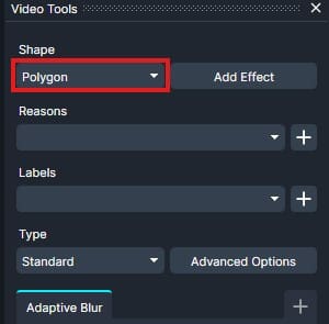 Screenshot of a Video Tools UI panel; Shape is set to Polygon with an Add Effect button nearby, and Type is Standard with Advanced Options. Adaptive Blur appears as a tab or option at the bottom.