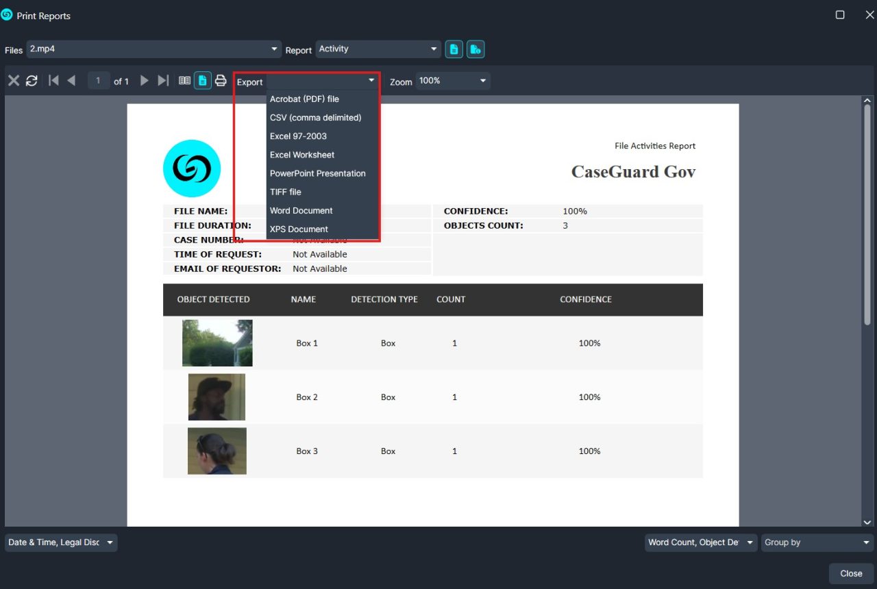 Exports | CaseGuard Screenshot of a report viewer with the Export menu open, listing formats like Acrobat PDF, CSV, Excel, PowerPoint, TIFF, Word, and XPS; the page shows a'CaseGuard Gov' File Activities Report with three detected boxes and small thumbnails.