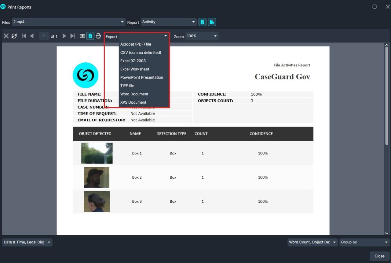 Screenshot of a report viewer with the Export menu open, listing formats like Acrobat PDF, CSV, Excel, PowerPoint, TIFF, Word, and XPS; the page shows a 'CaseGuard Gov' File Activities Report with three detected boxes and small thumbnails.
