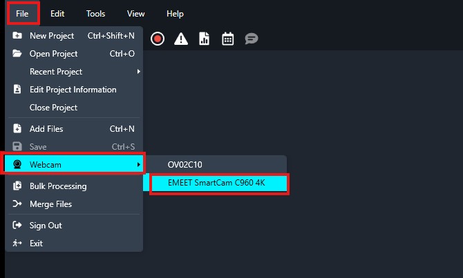 Dropdown menu under File > Webcam with 'EMEET SmartCam C960 4K' highlighted as the selected camera.