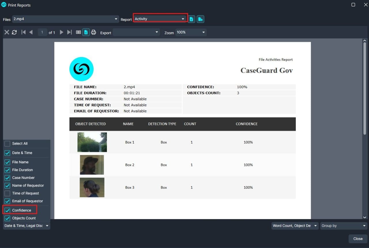 UI screenshot of a File Activities Report showing three detected objects named Box 1–Box 3 with 100% confidence for CaseGuard Gov branding, plus left filter panel.
