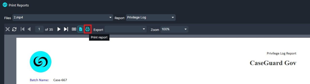 Screenshot of a Print Reports UI with the Print report button highlighted; shows file selector, Privilege Log report, and a sample CaseGuard Gov report header with logo on the left.