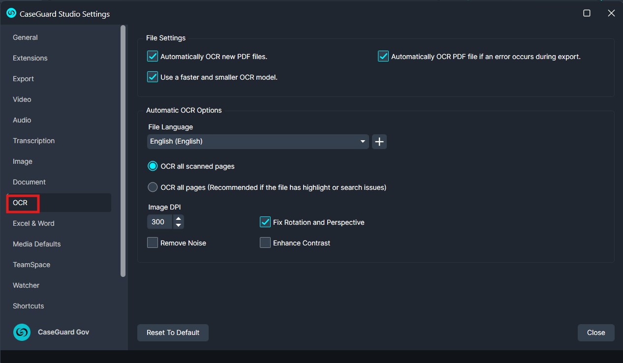 CaseGuard Studio Settings, OCR tab: English language, 300 DPI, auto OCR enabled, rotation/perspective fix enabled.