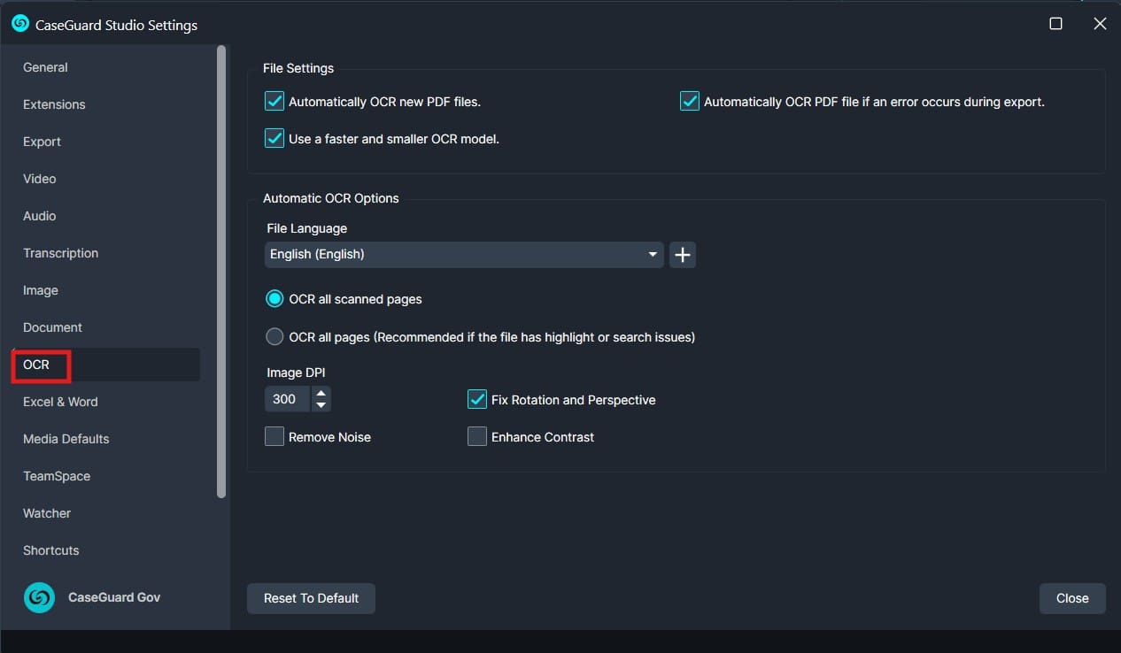 CaseGuard Studio Settings, OCR tab: English language, 300 DPI, auto OCR enabled, rotation/perspective fix enabled.