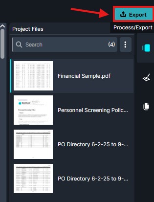 export | CaseGuard Export button highlighted in the top toolbar for exporting selected project files (e.g., Financial Sample.pdf) in a Project Files panel.