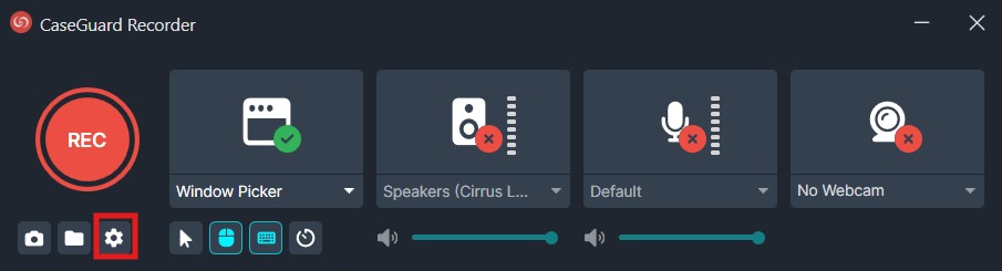 record-settings | CaseGuard CaseGuard Recorder UI with a large red REC button, four input panels (Window Picker, Speakers, Default mic, No Webcam), a highlighted settings icon, and a bottom toolbar.