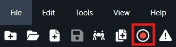 Toolbar with file action icons; the emphasized circular Record button.