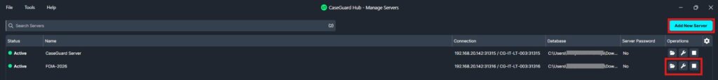 Screenshot of the CaseGuard Hub: Manage Servers screen with two servers listed, an 'Add New Server' button, and a set of action icons (edit/duplicate/delete) at right for each server.