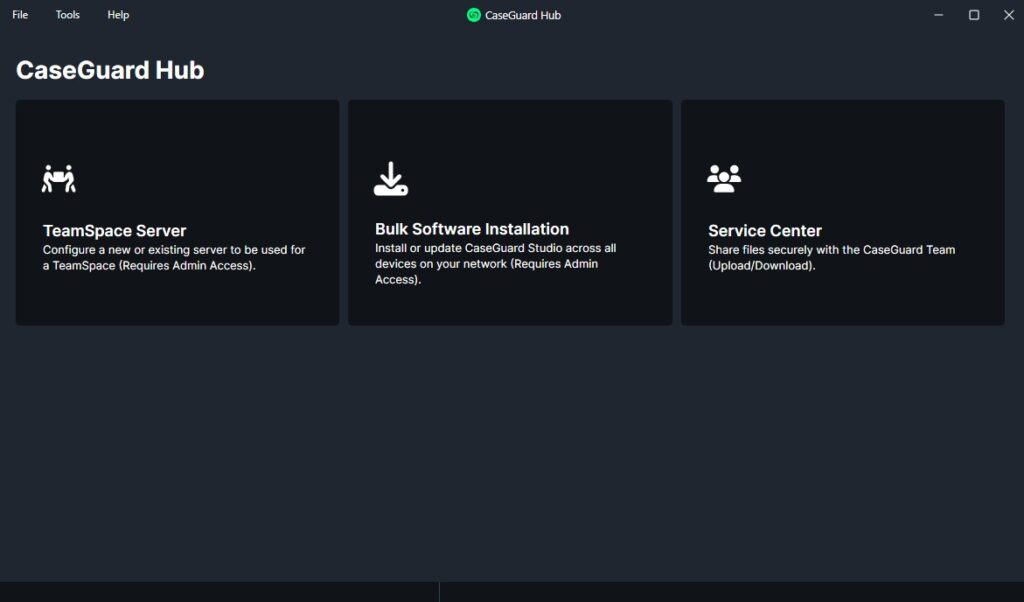 CaseGuard Hub dashboard with three option cards: TeamSpace Server, Bulk Software Installation, and Service Center.