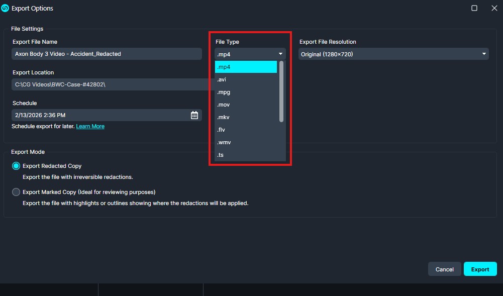 export-dropdown-new | CaseGuard Export Options dialog showing file name, location, schedule, and a highlighted File Type dropdown with .mp4 selected (options for .avi, .mov, .mkv, .flv, .wmv, .ts).
