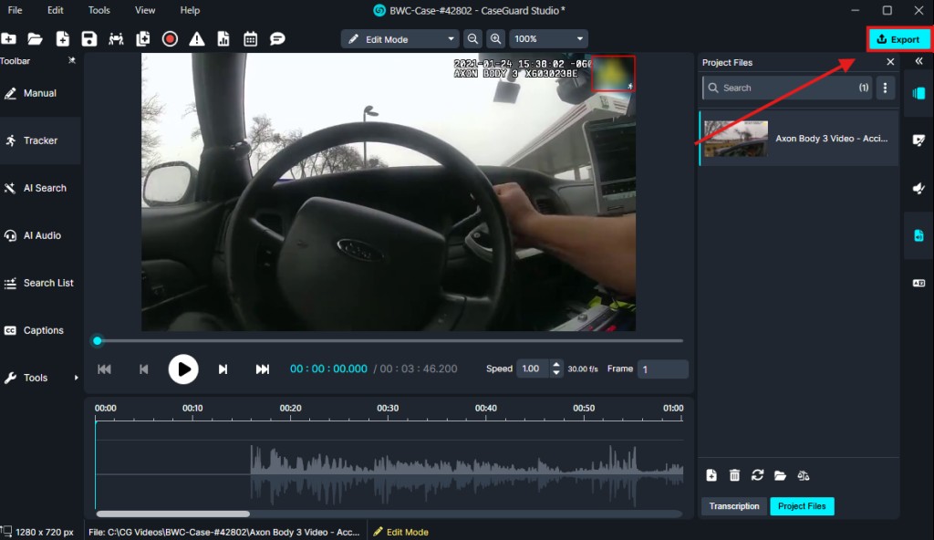 export-new-1024x592 | CaseGuard Video editing software showing a car interior clip (steering wheel view) with the Export button highlighted in the top-right corner.