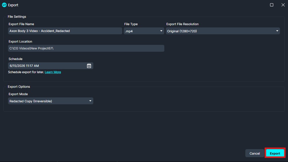 export | CaseGuard Export dialog with fields for file name, file type (.mp4), resolution (Original 1280x720), export location, and schedule; the Export button is highlighted in blue.