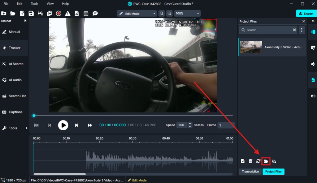 folder-icon-1024x594 | CaseGuard Screenshot of a video editing app (CaseGuard Studio) showing dashcam footage of a car interior, with a hand on the steering wheel; the Project Files folder icon is highlighted.