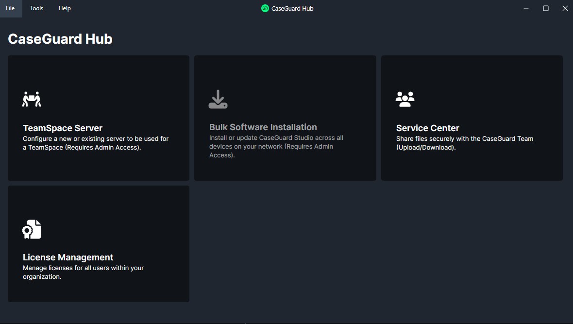 CaseGuard Hub dashboard with four tiles: TeamSpace Server, Bulk Software Installation, Service Center, License Management