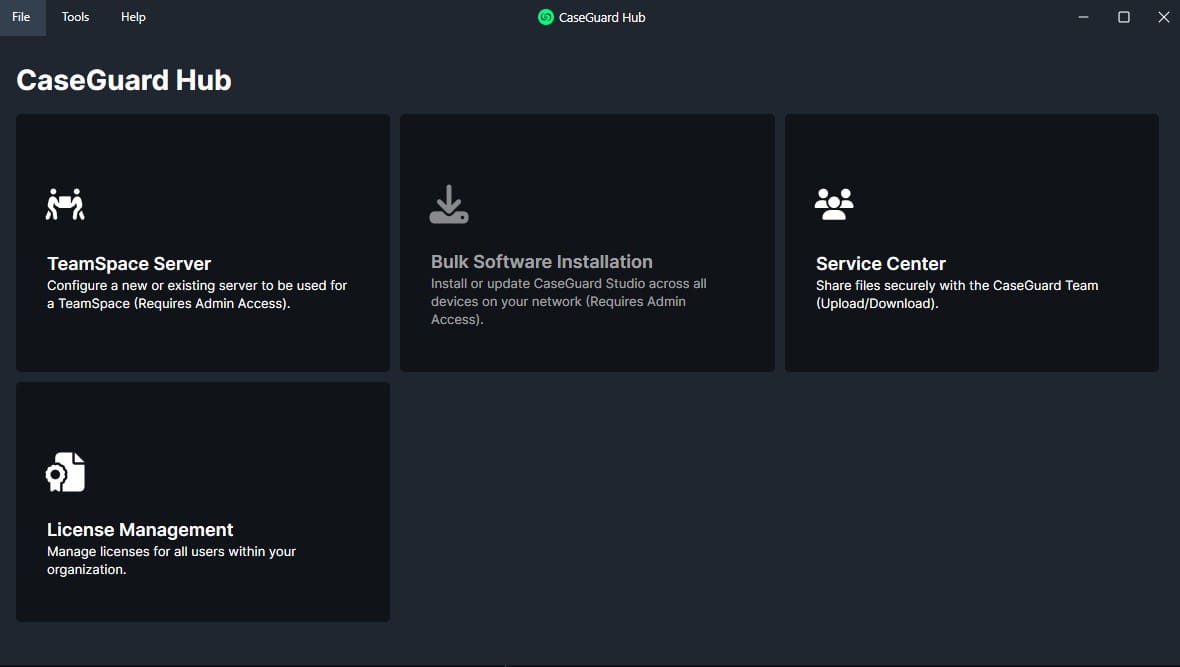 CaseGuard Hub dashboard with four tiles: TeamSpace Server, Bulk Software Installation, Service Center, License Management
