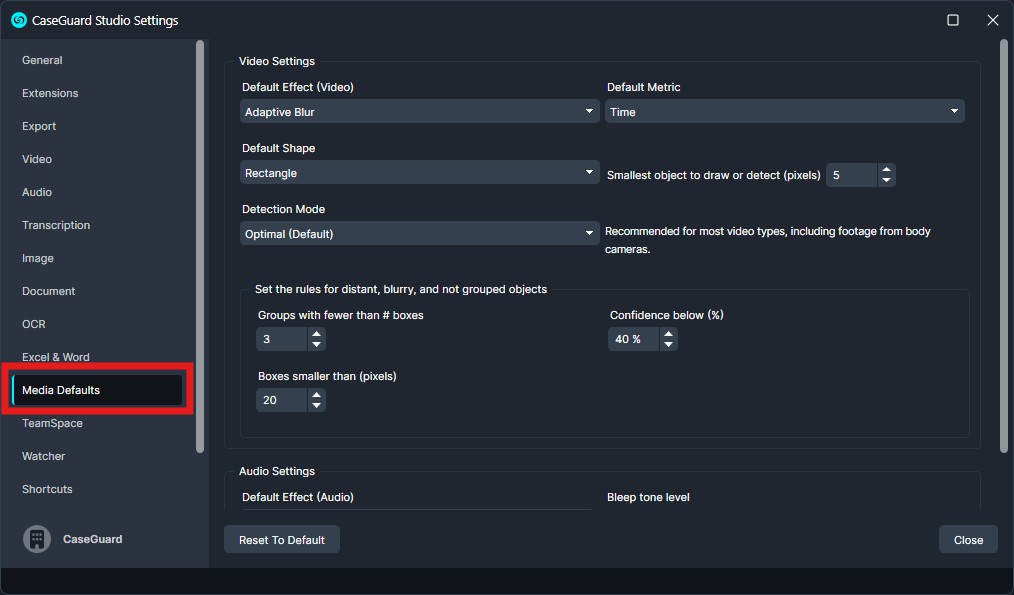 CaseGuard Studio Settings window with Media Defaults highlighted in the left menu; shows Video and Audio settings panels nearby.