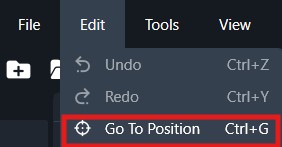 Go To Position command highlighted in the Edit/Tools menu, Ctrl+G shortcut