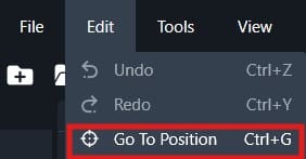 Go To Position command highlighted in the Edit/Tools menu, Ctrl+G shortcut