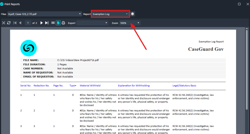 Screenshot of a report viewer showing an Exemption Log Report (CaseGuard Gov) with a table of withheld information and a top toolbar for navigation and export.