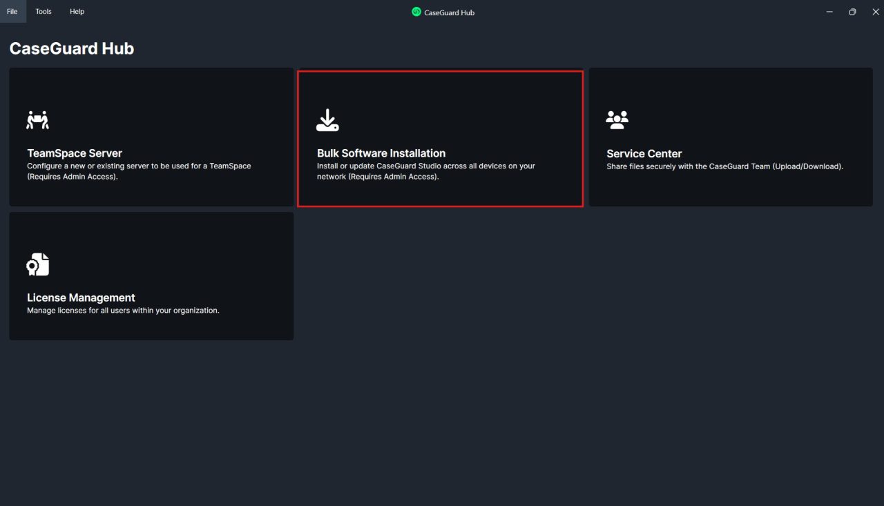 CaseGuard Hub dashboard with four tiles: TeamSpace Server, Bulk Software Installation (highlighted), Service Center, and License Management in a dark UI.