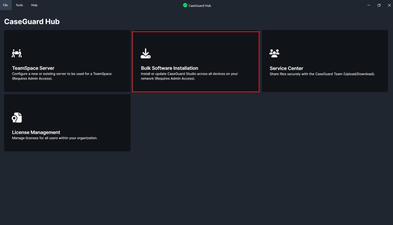 CaseGuard Hub dashboard with four tiles: TeamSpace Server, Bulk Software Installation (highlighted), Service Center, and License Management in a dark UI.